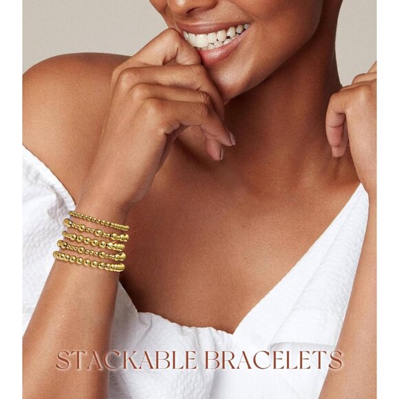 Women Gold Beaded Bracelets Set 14K Gold Plated Stylish Stackable Jewelry - Picture 3 of 7